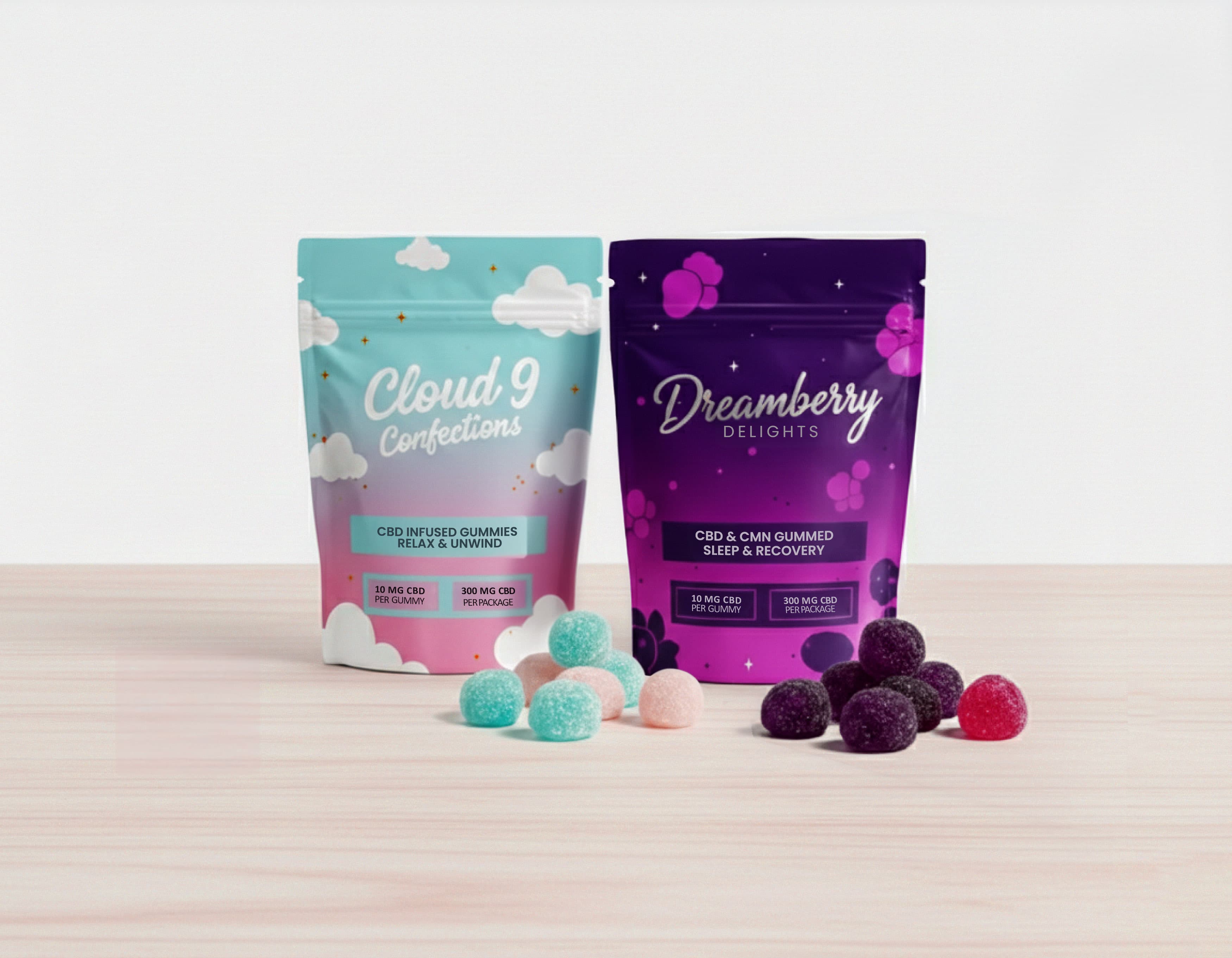 Two stand-up pouches of CBD gummies: one light blue with cloud designs and one deep purple with berry designs. In front of the bags, several sugar-coated, colorful spherical gummies in shades of teal, pink, and dark purple are scattered on a wooden surface.