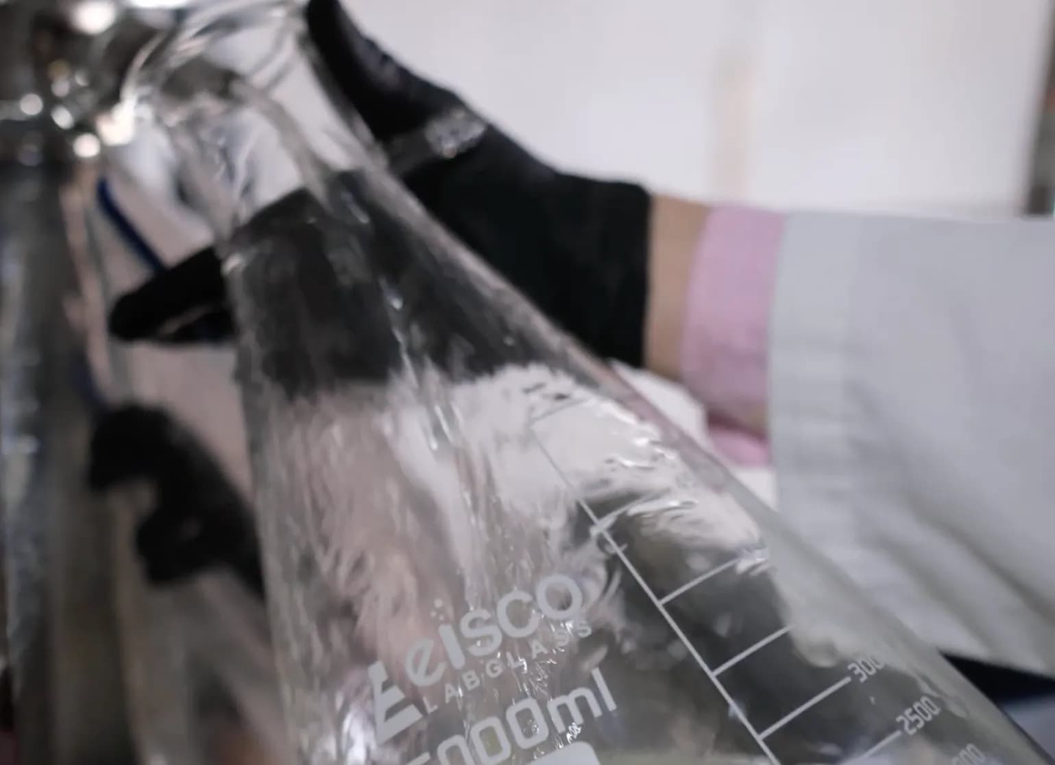 A close-up view of clear liquid being poured into a large Eisco Labglass graduated Erlenmeyer flask held by a person wearing black protective gloves.